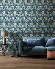 HWA1118W Chrysanthemum Navy Mix Wallpaper by Hoopla Walls