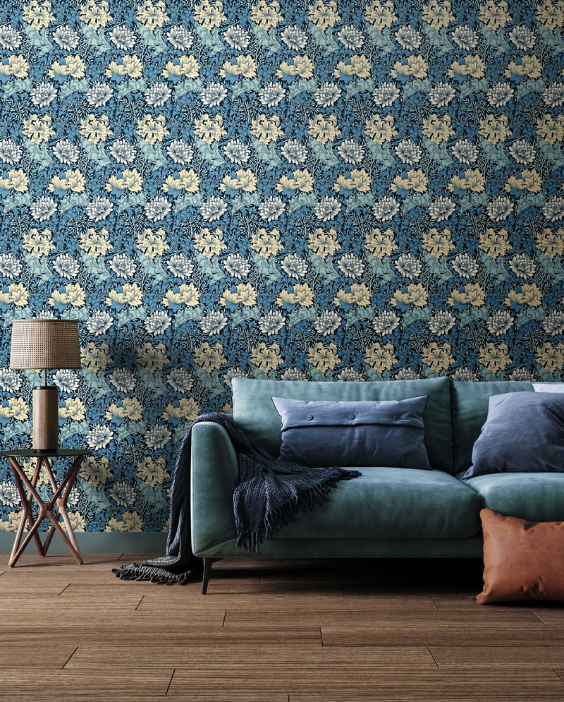 HWA1118W Chrysanthemum Navy Mix Wallpaper by Hoopla Walls