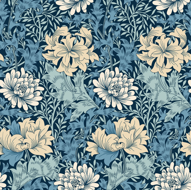HWA1118W Chrysanthemum Navy Mix Wallpaper by Hoopla Walls