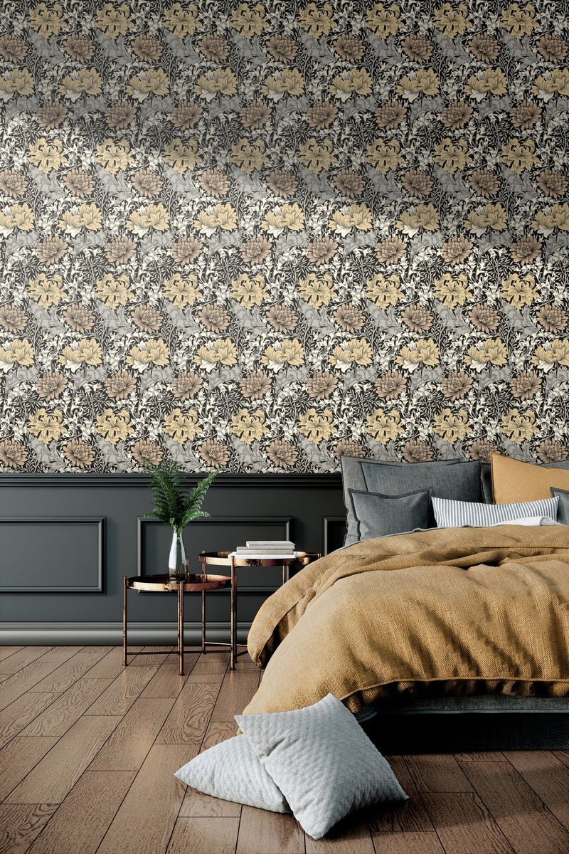 HWA1121W Chrysanthemum Graphite Mix Wallpaper by Hoopla Walls
