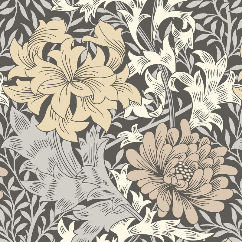 HWA1121W Chrysanthemum Graphite Mix Wallpaper by Hoopla Walls