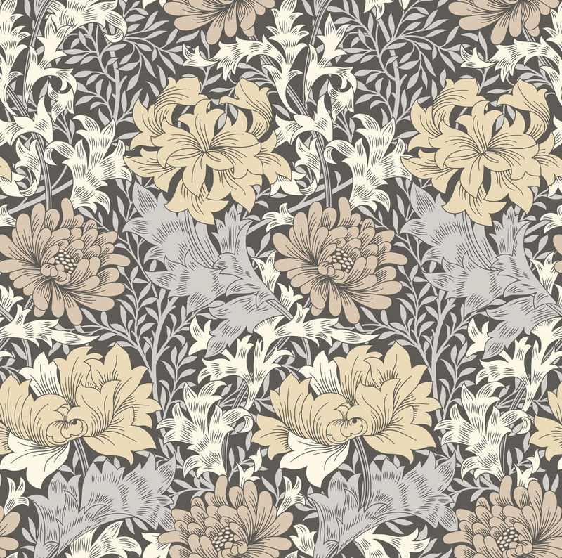 HWA1121W Chrysanthemum Graphite Mix Wallpaper by Hoopla Walls