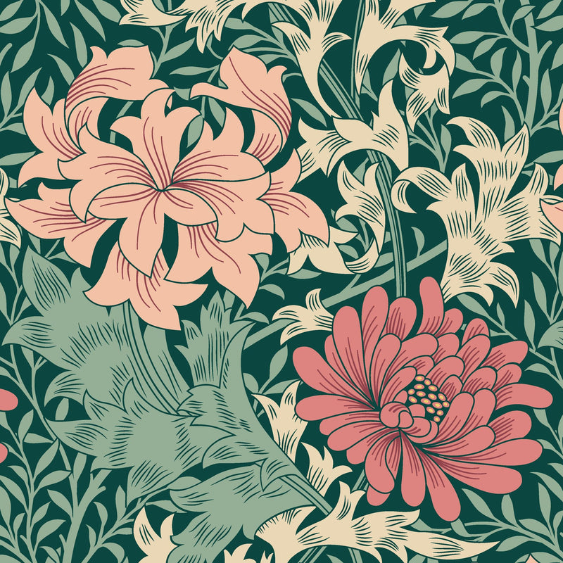 HWA1123W Chrysanthemum Green & Pink Wallpaper by Hoopla Walls