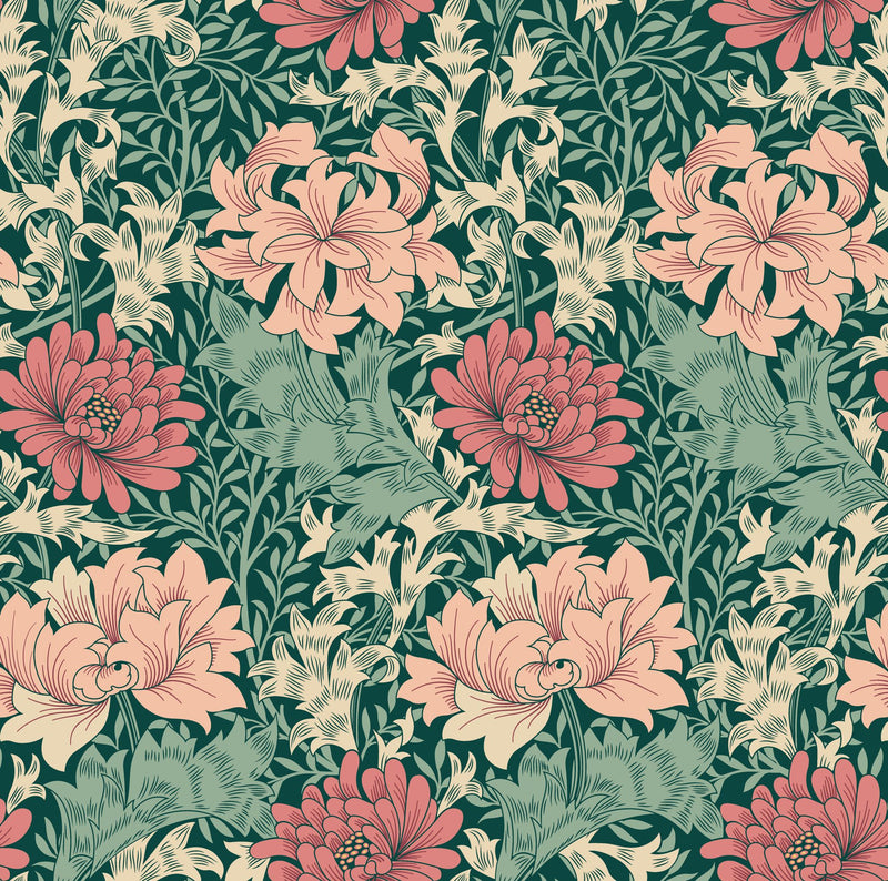 HWA1123W Chrysanthemum Green & Pink Wallpaper by Hoopla Walls
