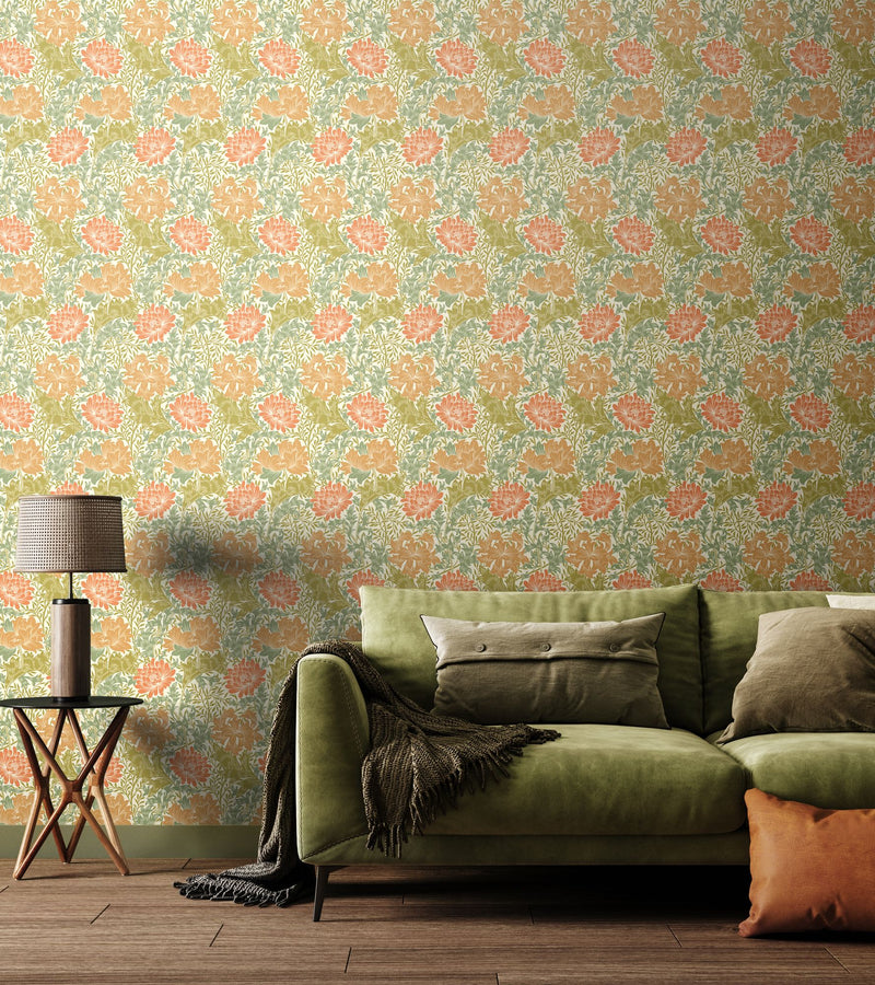 HWA1125W Chrysanthemum Sage & Amber Wallpaper by Hoopla Walls