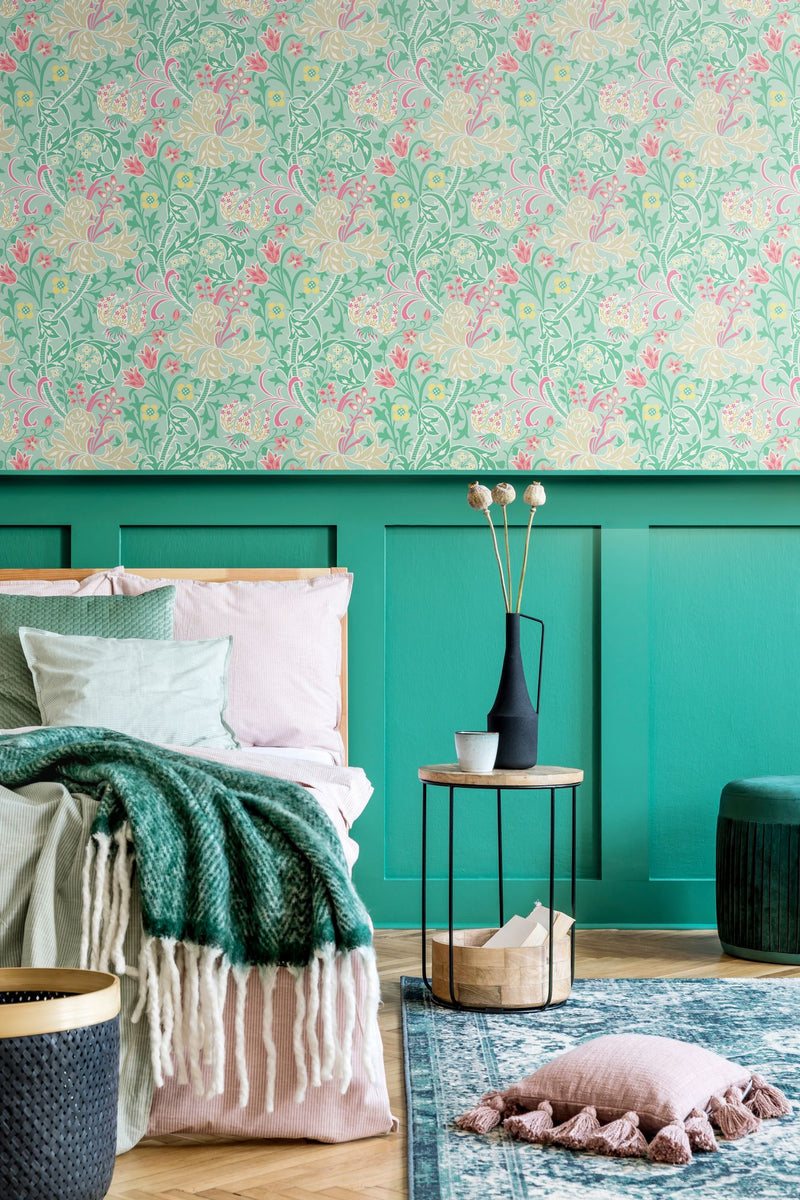 HWA1128W Lily Ogee Mint Green Wallpaper by Hoopla Walls