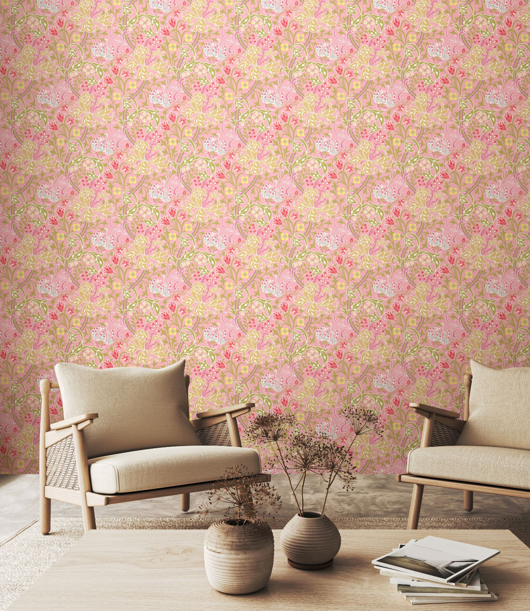 HWA1129W Lily Ogee Rose Pink Wallpaper by Hoopla Walls