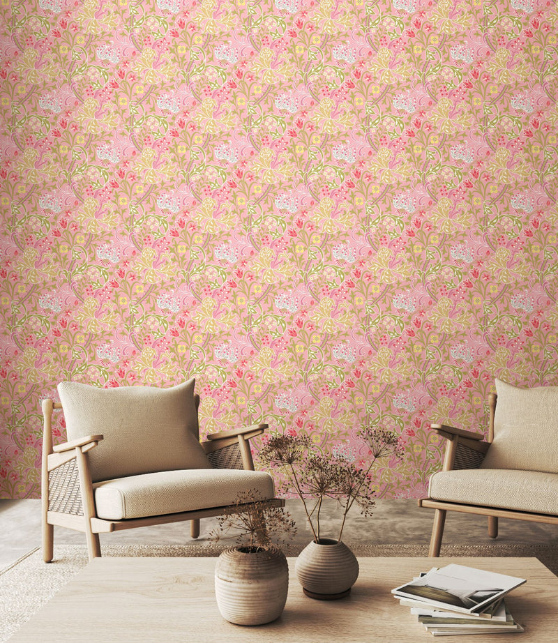HWA1129W Lily Ogee Rose Pink Wallpaper by Hoopla Walls