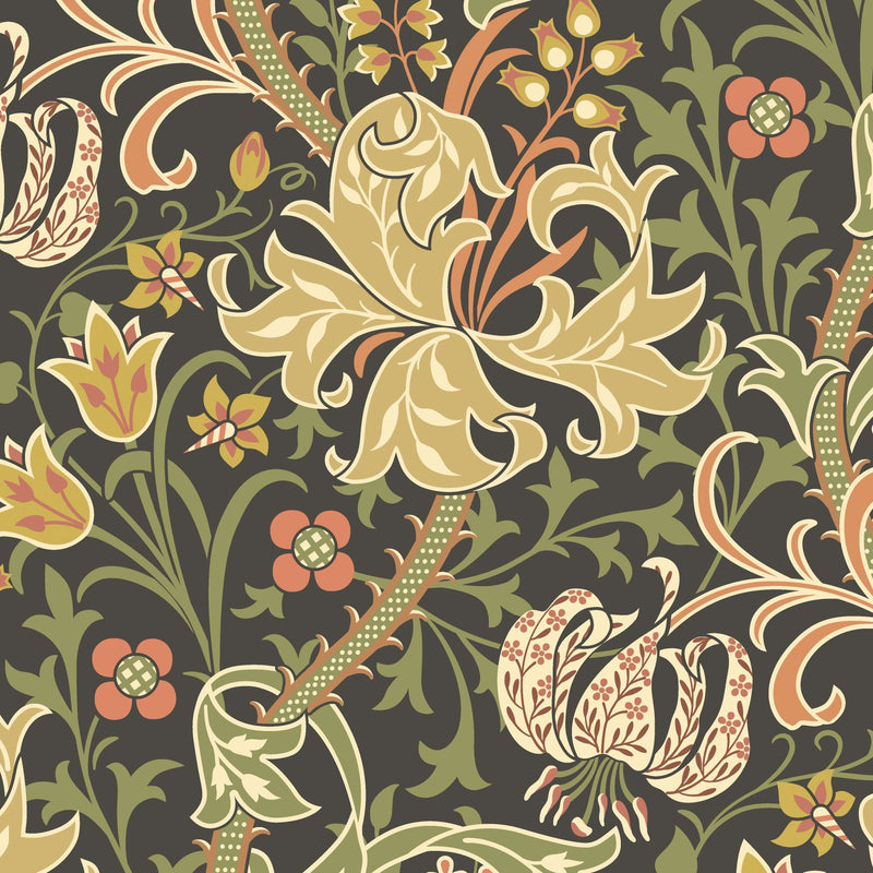 HWA1131W Lily Ogee Black Wallpaper by Hoopla Walls