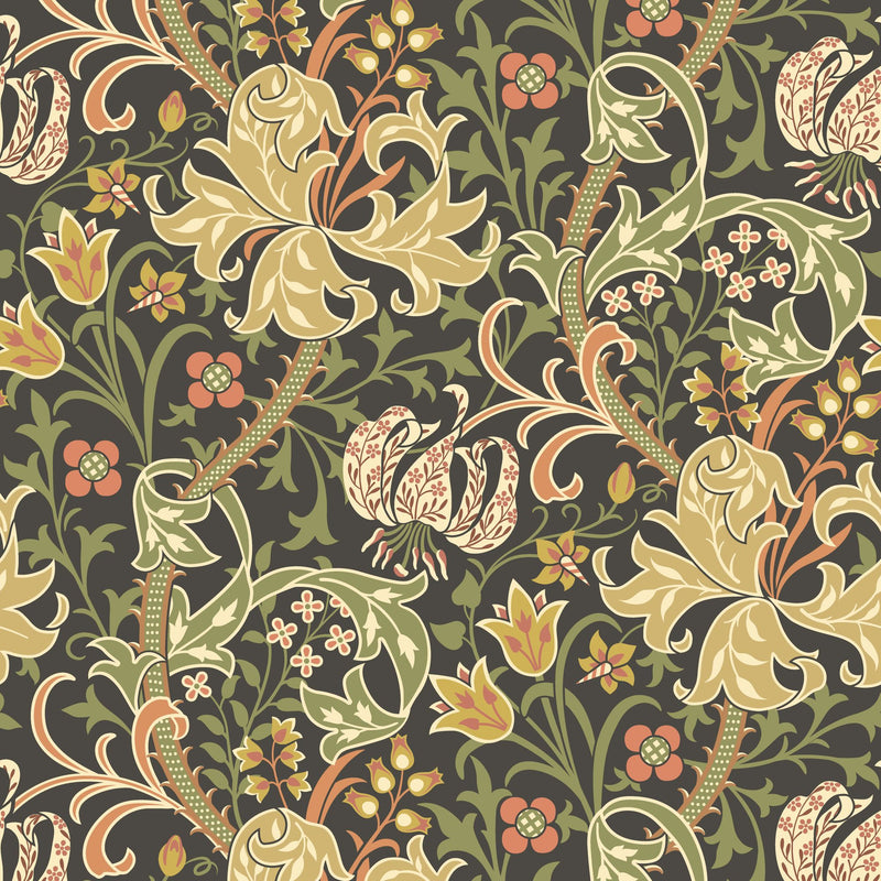 HWA1131W Lily Ogee Black Wallpaper by Hoopla Walls