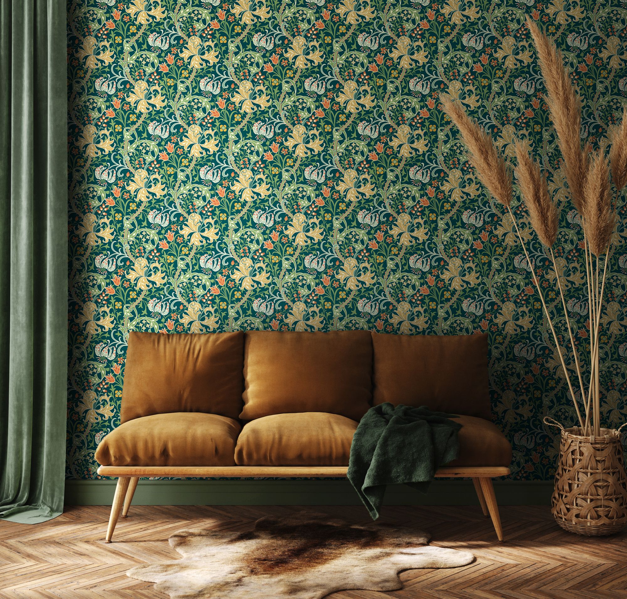 HWA1132W Lily Ogee Emerald Green Wallpaper by Hoopla Walls