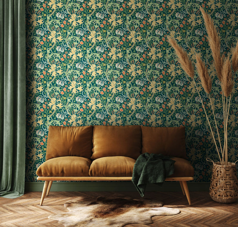 HWA1132W Lily Ogee Emerald Green Wallpaper by Hoopla Walls