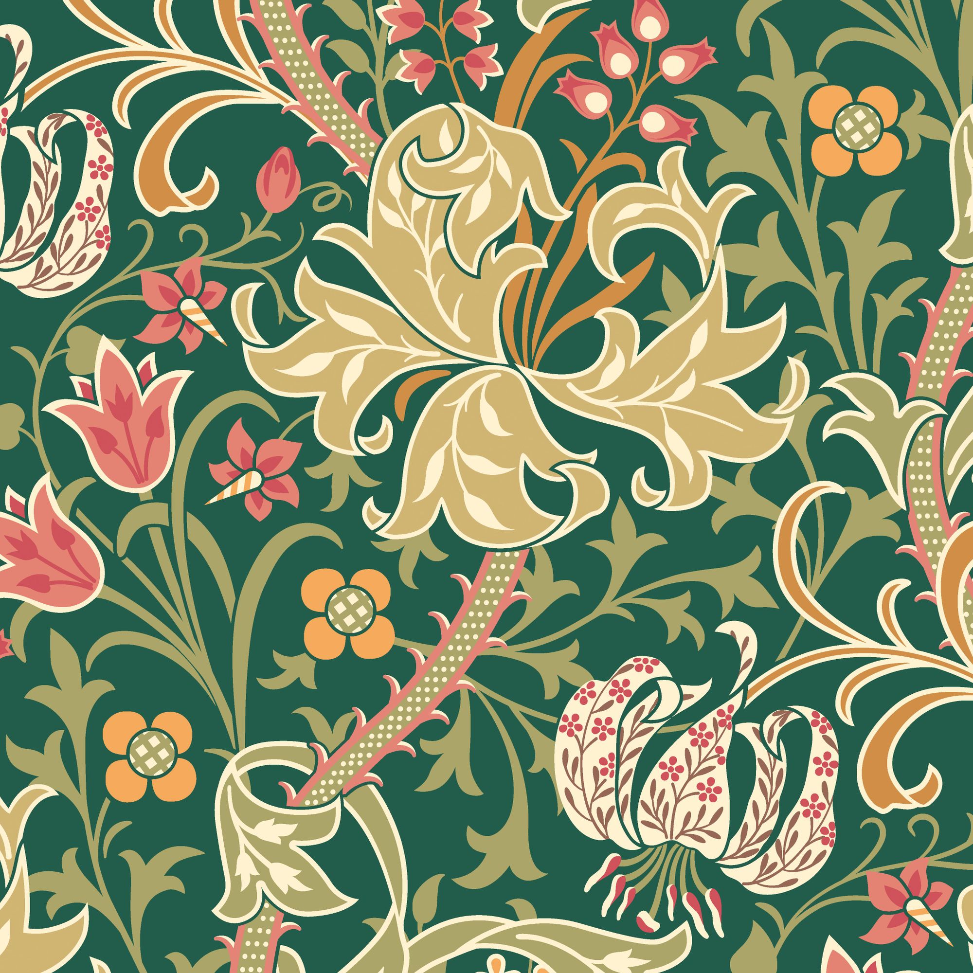 HWA1133W Lily Ogee Forest Green Wallpaper by Hoopla Walls