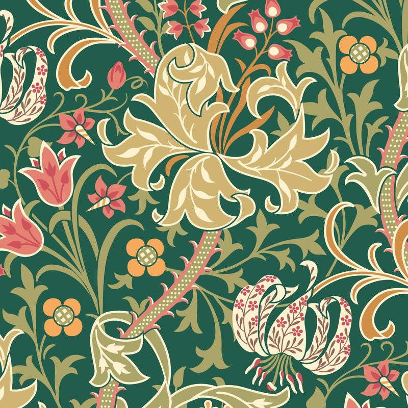 HWA1133W Lily Ogee Forest Green Wallpaper by Hoopla Walls