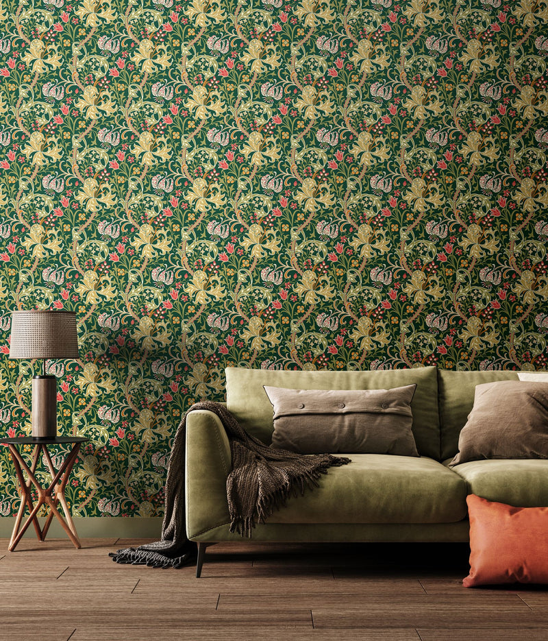 HWA1133W Lily Ogee Forest Green Wallpaper by Hoopla Walls