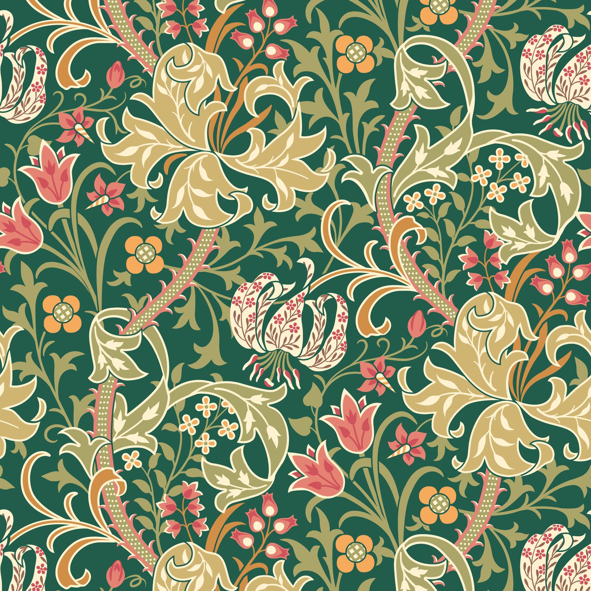 HWA1133W Lily Ogee Forest Green Wallpaper by Hoopla Walls