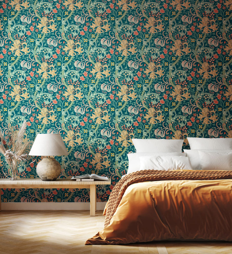 HWA1134W Lily Ogee Teal Wallpaper by Hoopla Walls