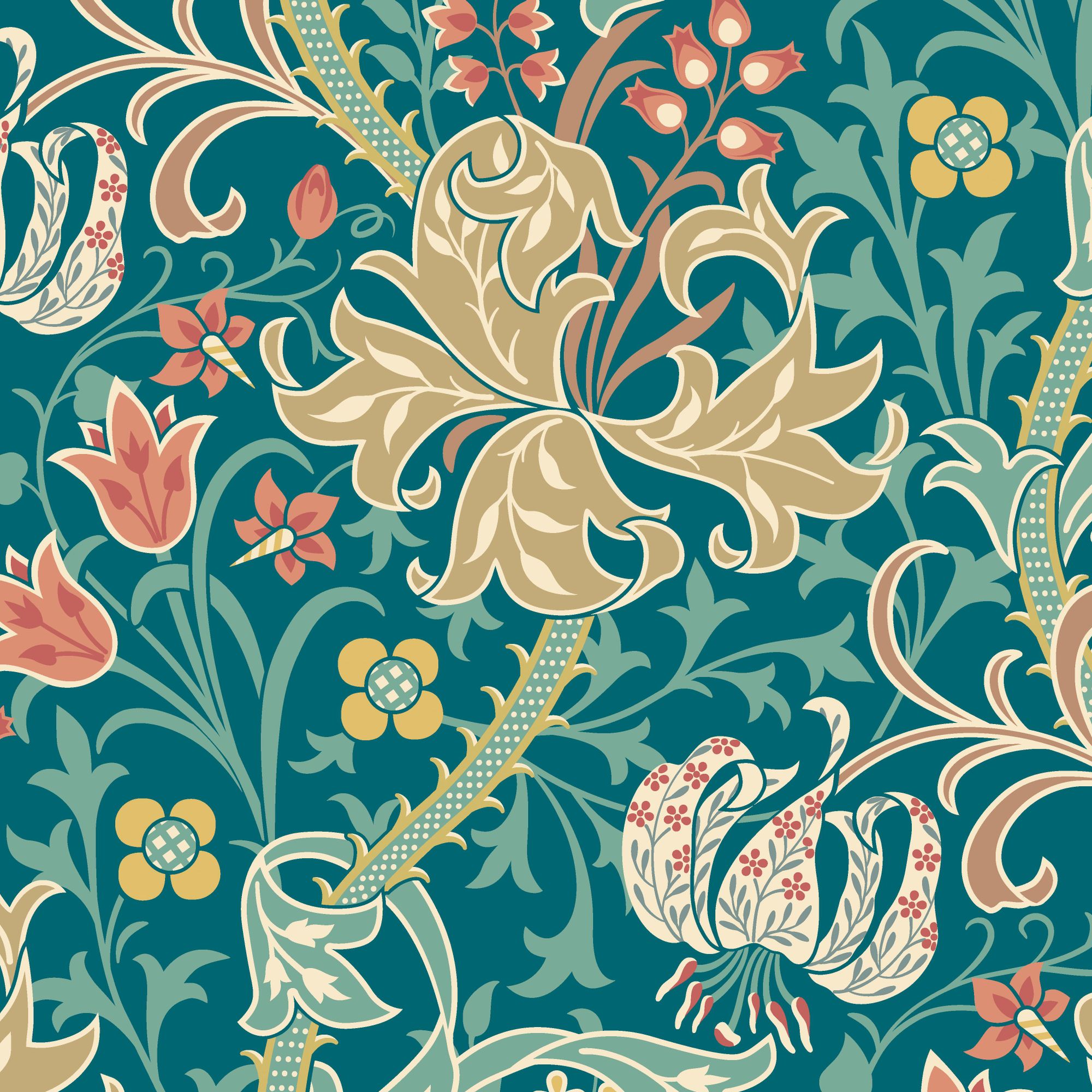 HWA1134W Lily Ogee Teal Wallpaper by Hoopla Walls