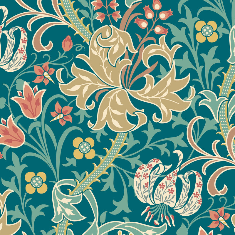 HWA1134W Lily Ogee Teal Wallpaper by Hoopla Walls