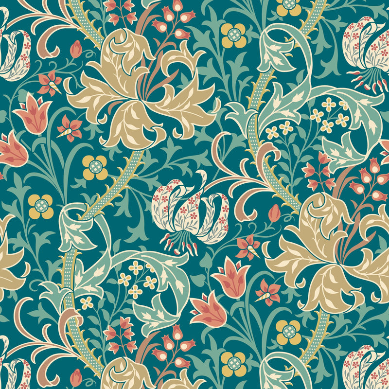 HWA1134W Lily Ogee Teal Wallpaper by Hoopla Walls