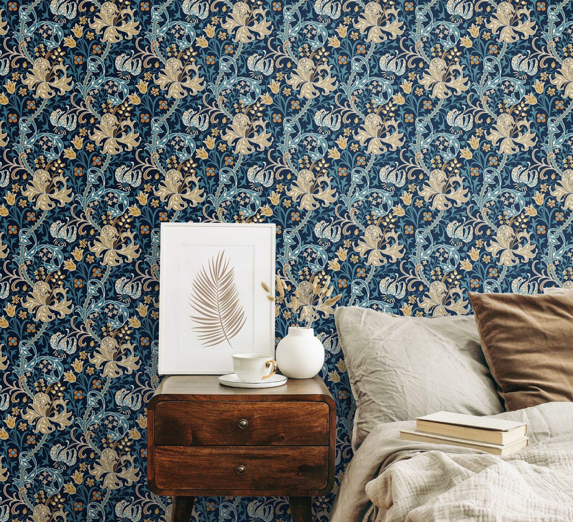 HWA1135W Lily Ogee Navy Blue Wallpaper by Hoopla Walls
