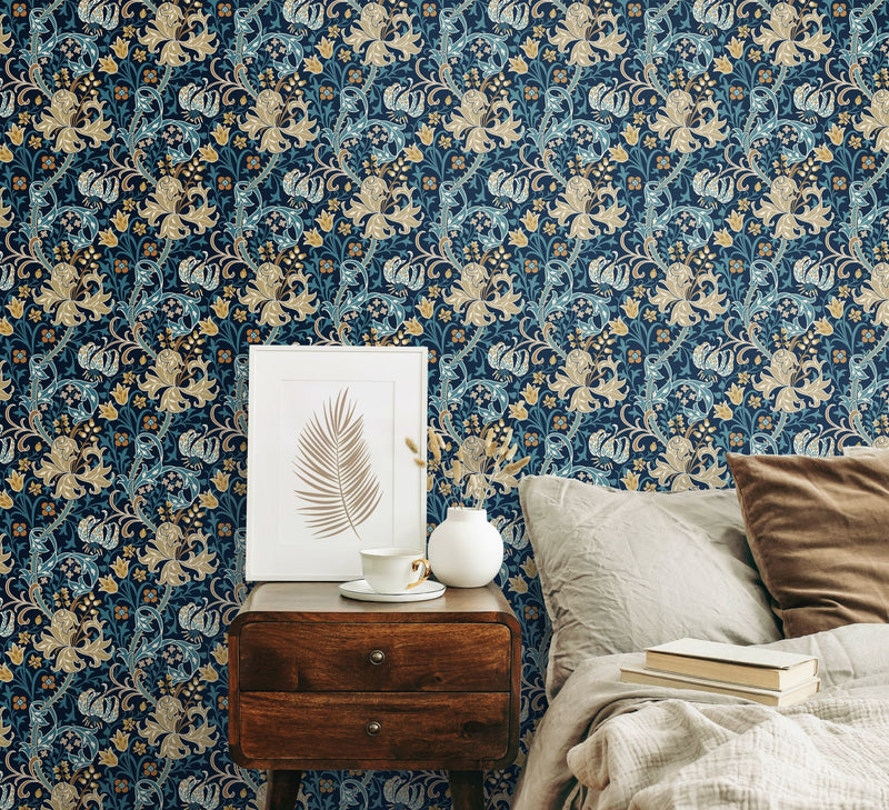 HWA1135W Lily Ogee Navy Blue Wallpaper by Hoopla Walls