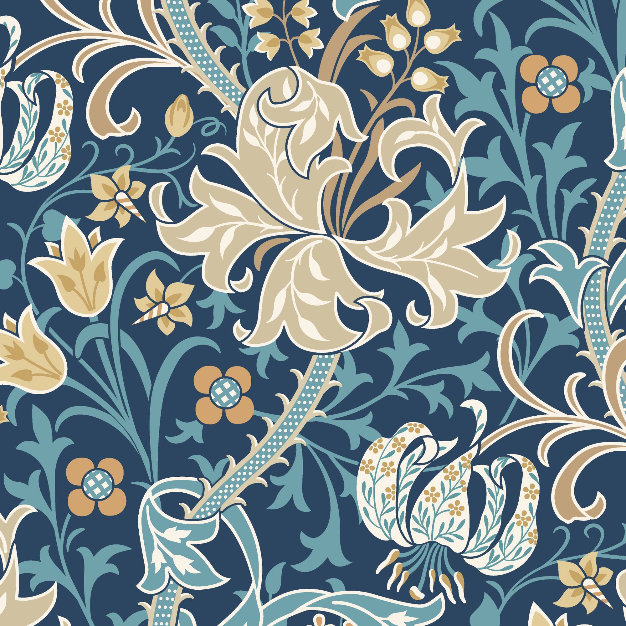 HWA1135W Lily Ogee Navy Blue Wallpaper by Hoopla Walls