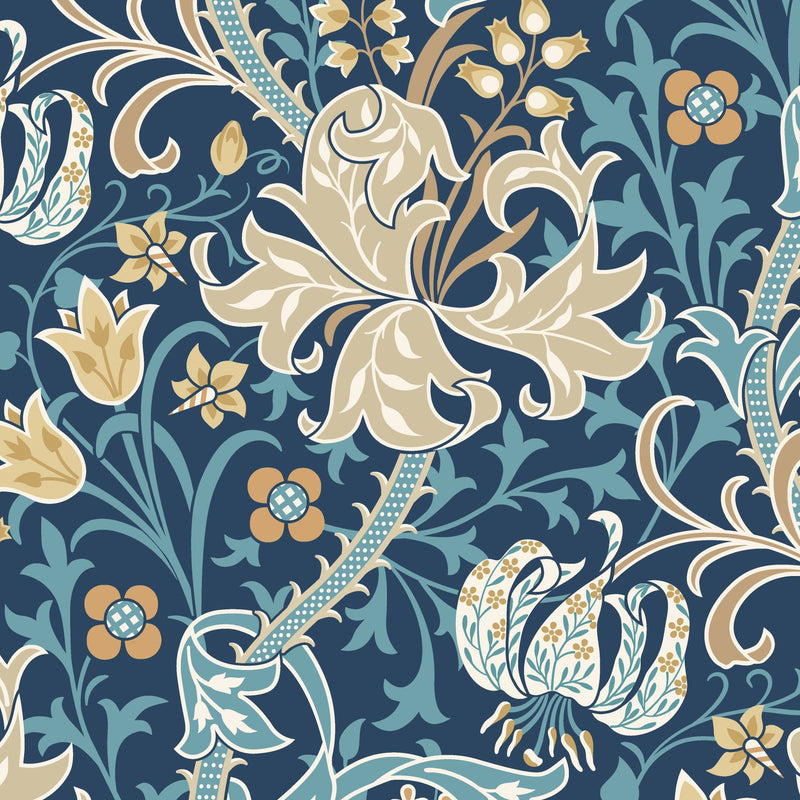HWA1135W Lily Ogee Navy Blue Wallpaper by Hoopla Walls