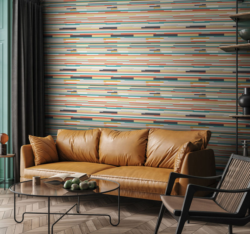 HWA1063W Horizontal Stripe Orange & Blue Wallpaper by Hoopla Walls