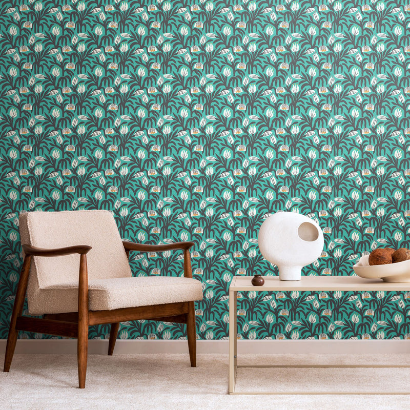 HWA1147W Chunky Flower Teal Blue Wallpaper by Hoopla Walls