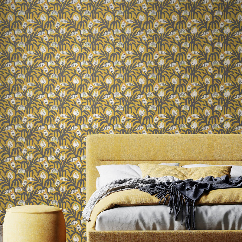 HWA1154W Chunky Flower Mustard Wallpaper by Hoopla Walls