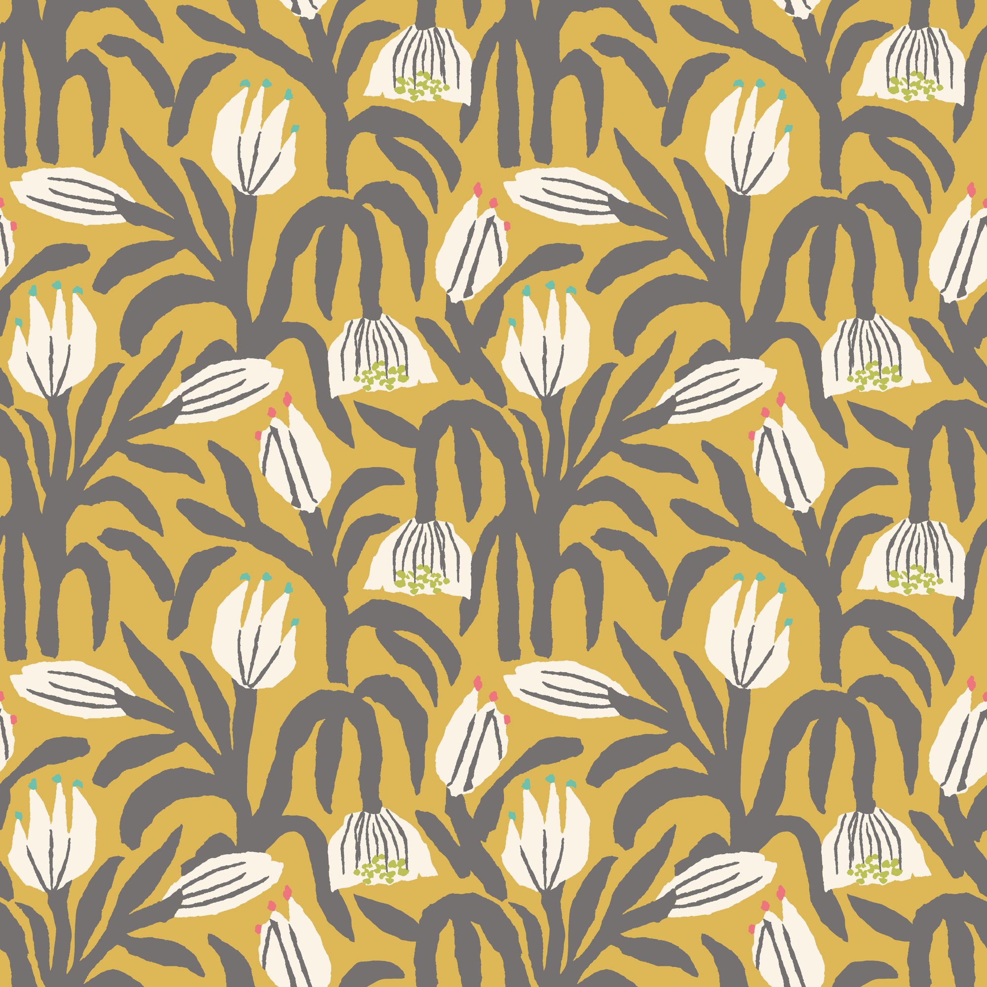 HWA1154W Chunky Flower Mustard Wallpaper by Hoopla Walls