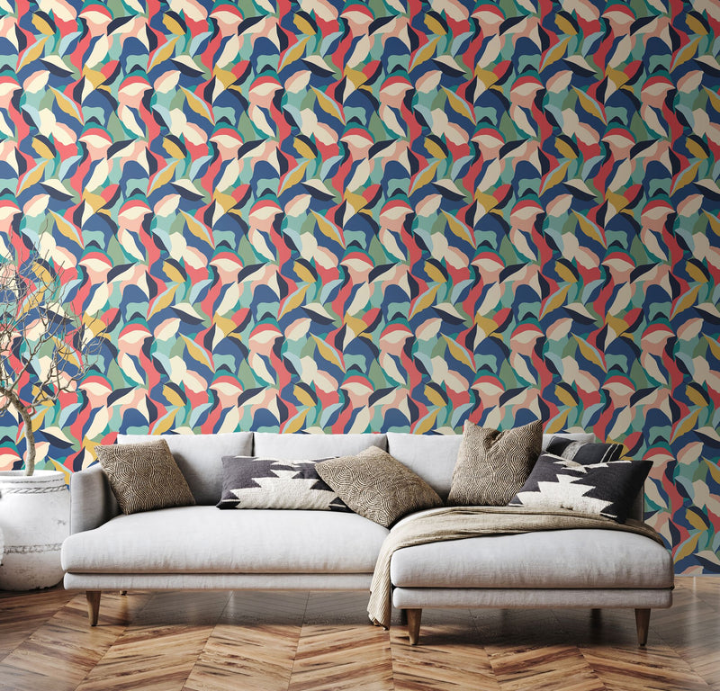 HWA1155W Leafy Patchwork Navy Twist Wallpaper by Hoopla Walls