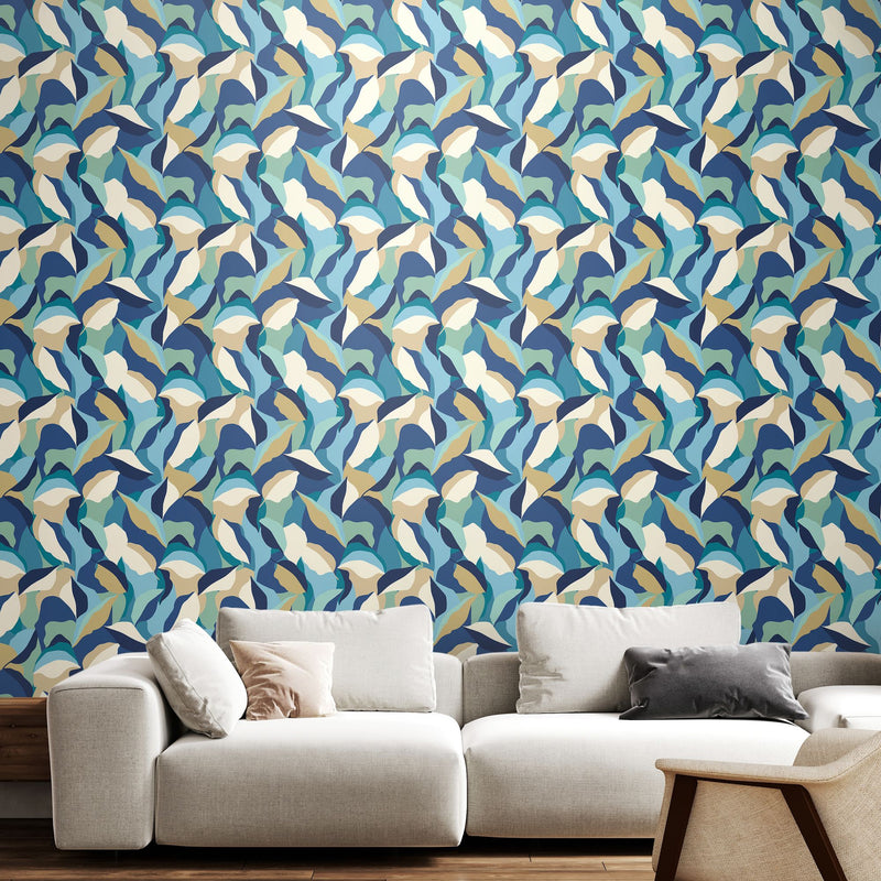 HWA1156W Leafy Patchwork Indigo Mix Wallpaper by Hoopla Walls