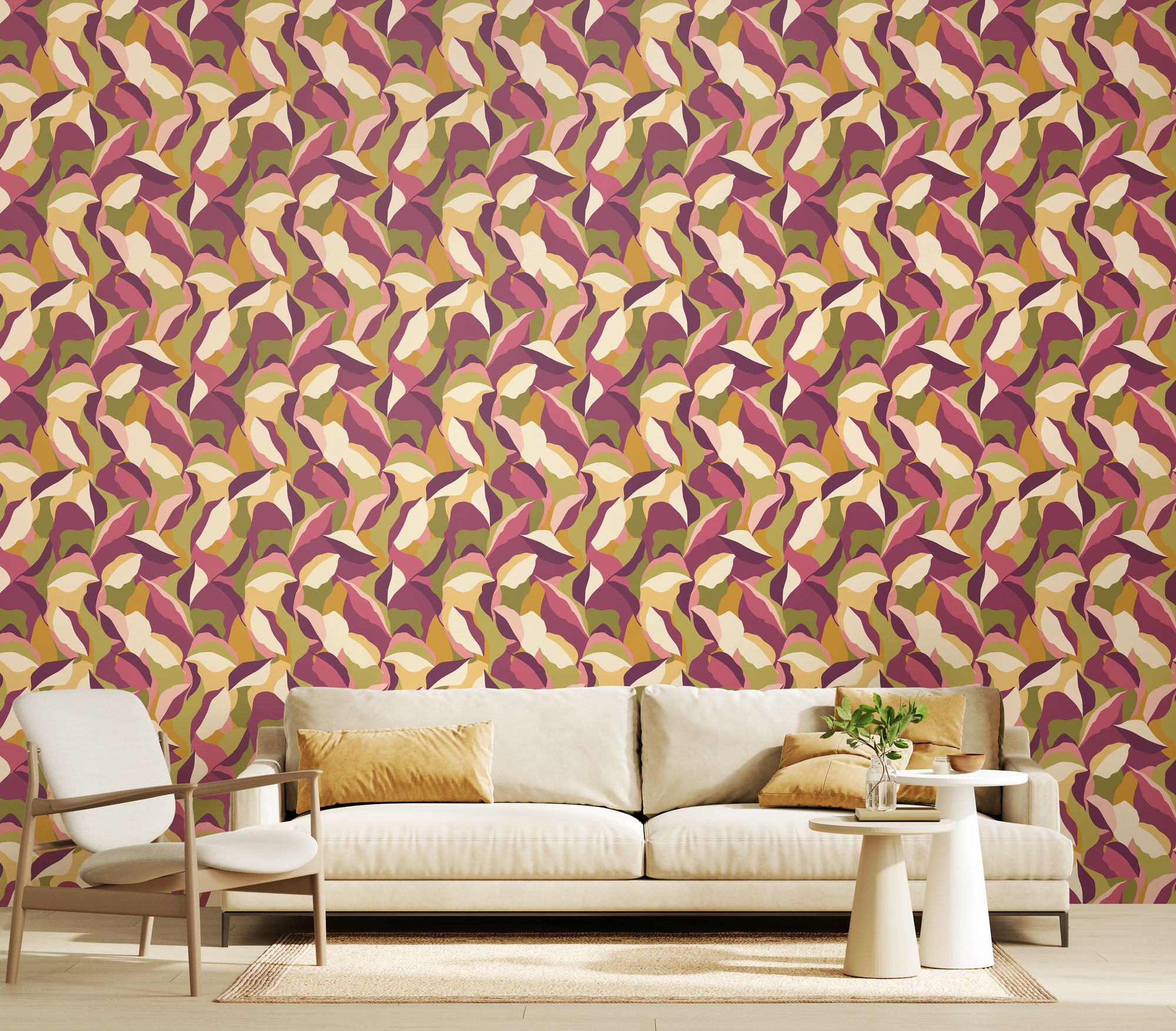 HWA1158W Leafy Patchwork Plum & Olive Wallpaper by Hoopla Walls