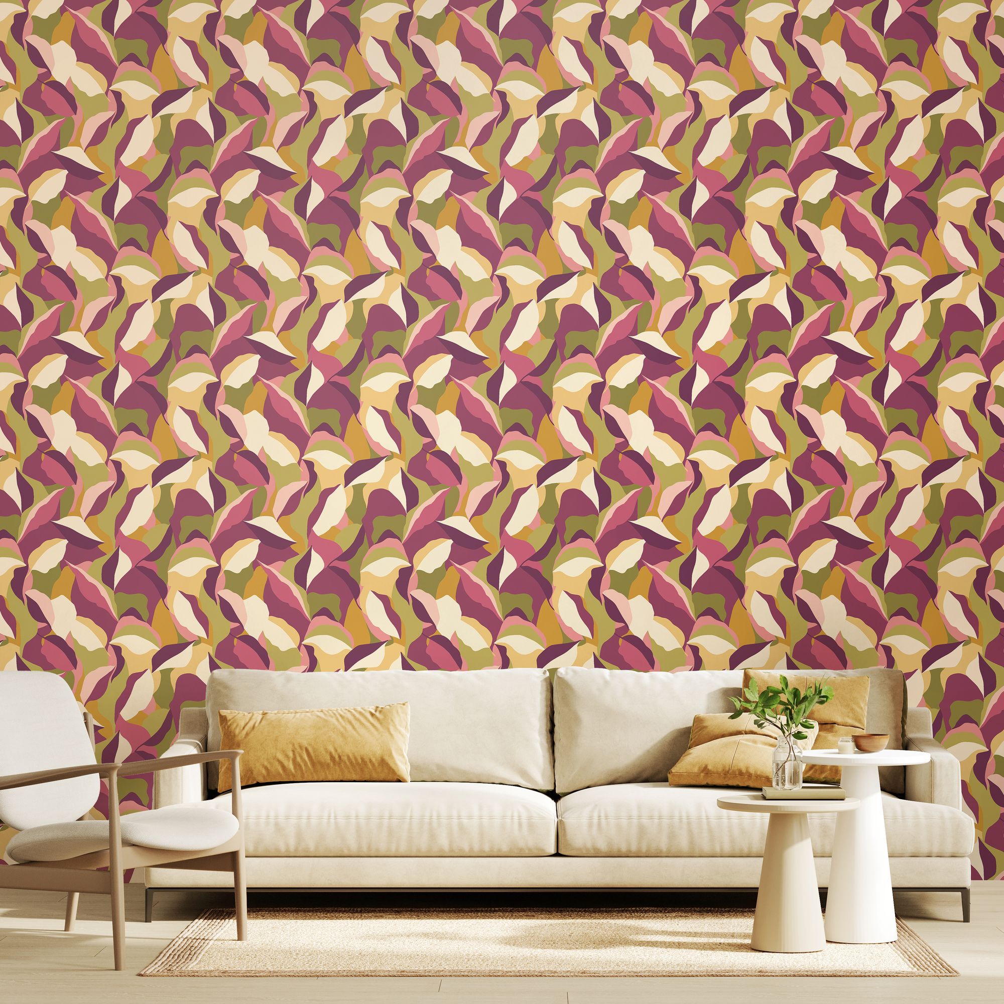 HWA1158W Leafy Patchwork Plum & Olive Wallpaper by Hoopla Walls
