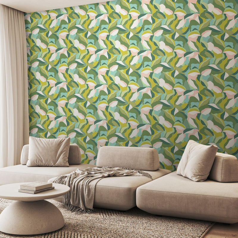 HWA1159W Leafy Patchwork Forest Green Wallpaper by Hoopla Walls