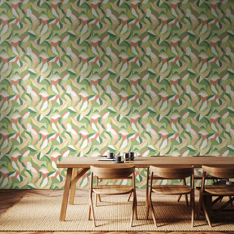 HWA1160W Leafy Patchwork Olive & Blush Wallpaper by Hoopla Walls