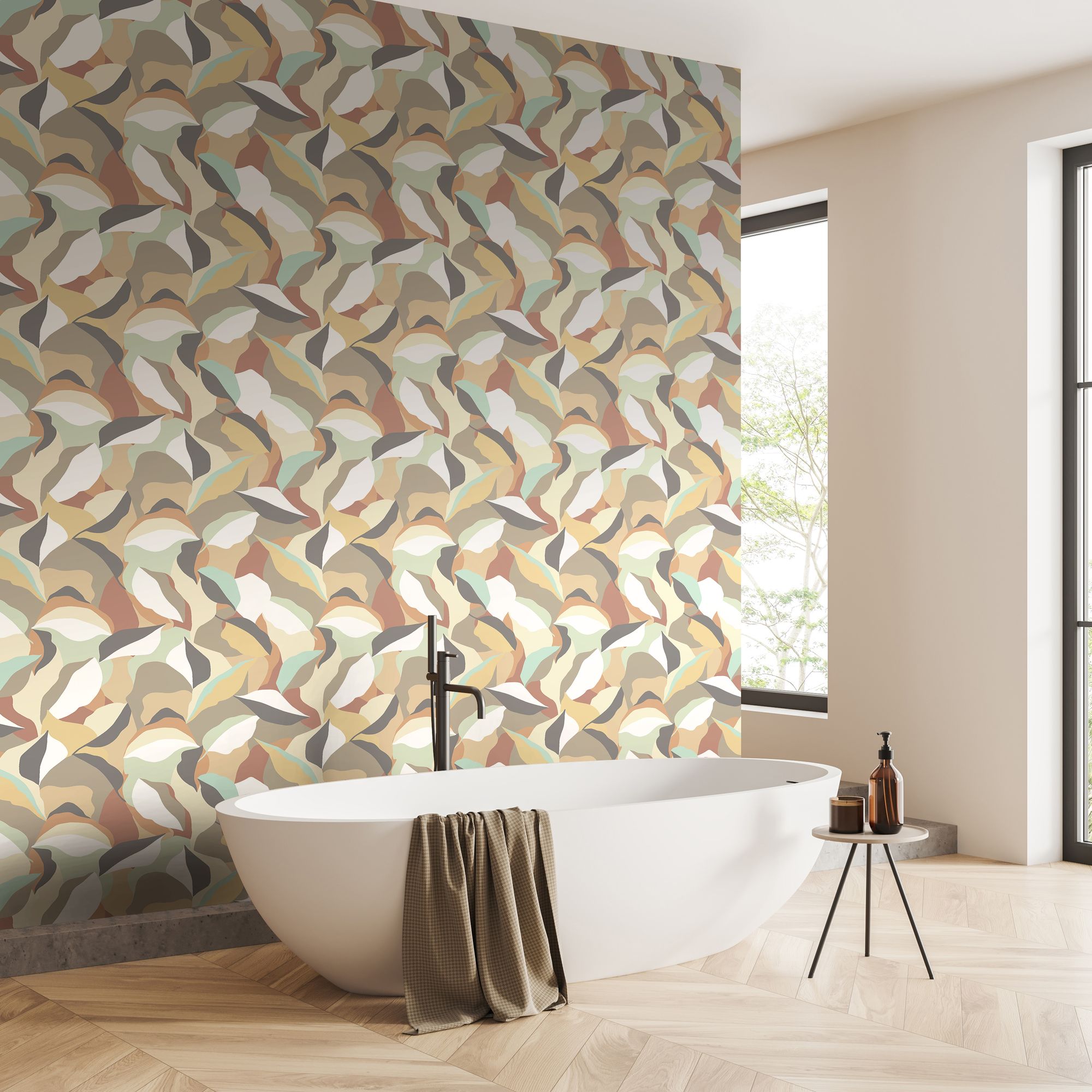 HWA1161W Leafy Patchwork Caramel & Mint Wallpaper by Hoopla Walls