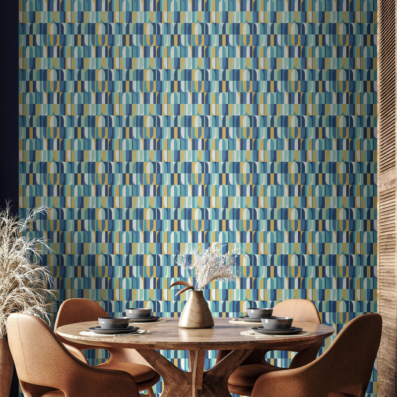 HWA1167W Building Blocks Indigo & Gold Wallpaper by Hoopla Walls