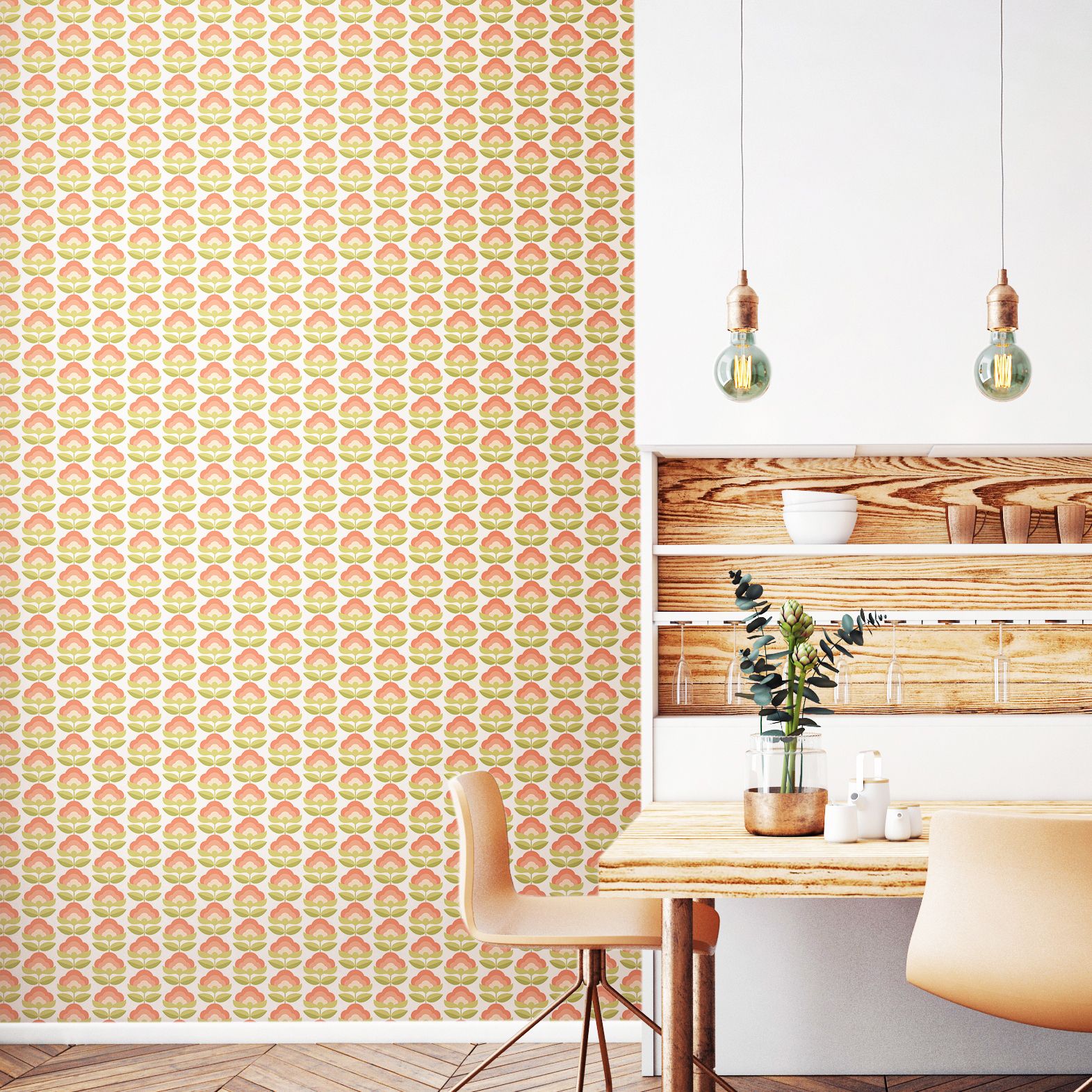 HWA1169W Retro Flower Apricot Mix Wallpaper by Hoopla Walls