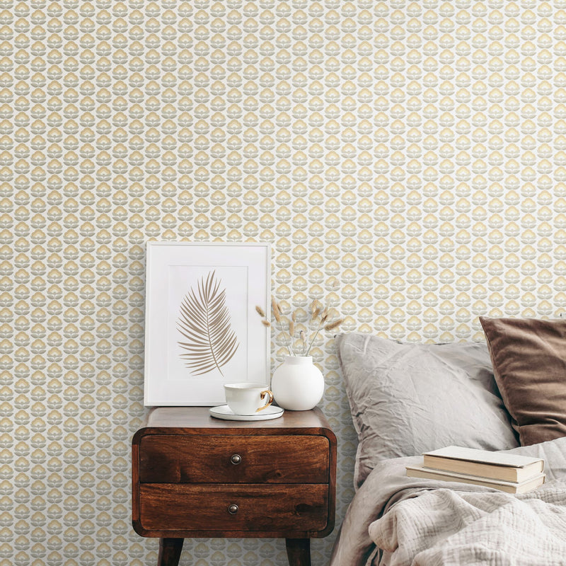 HWA1172W Retro Flower Stone & Dove Wallpaper by Hoopla Walls