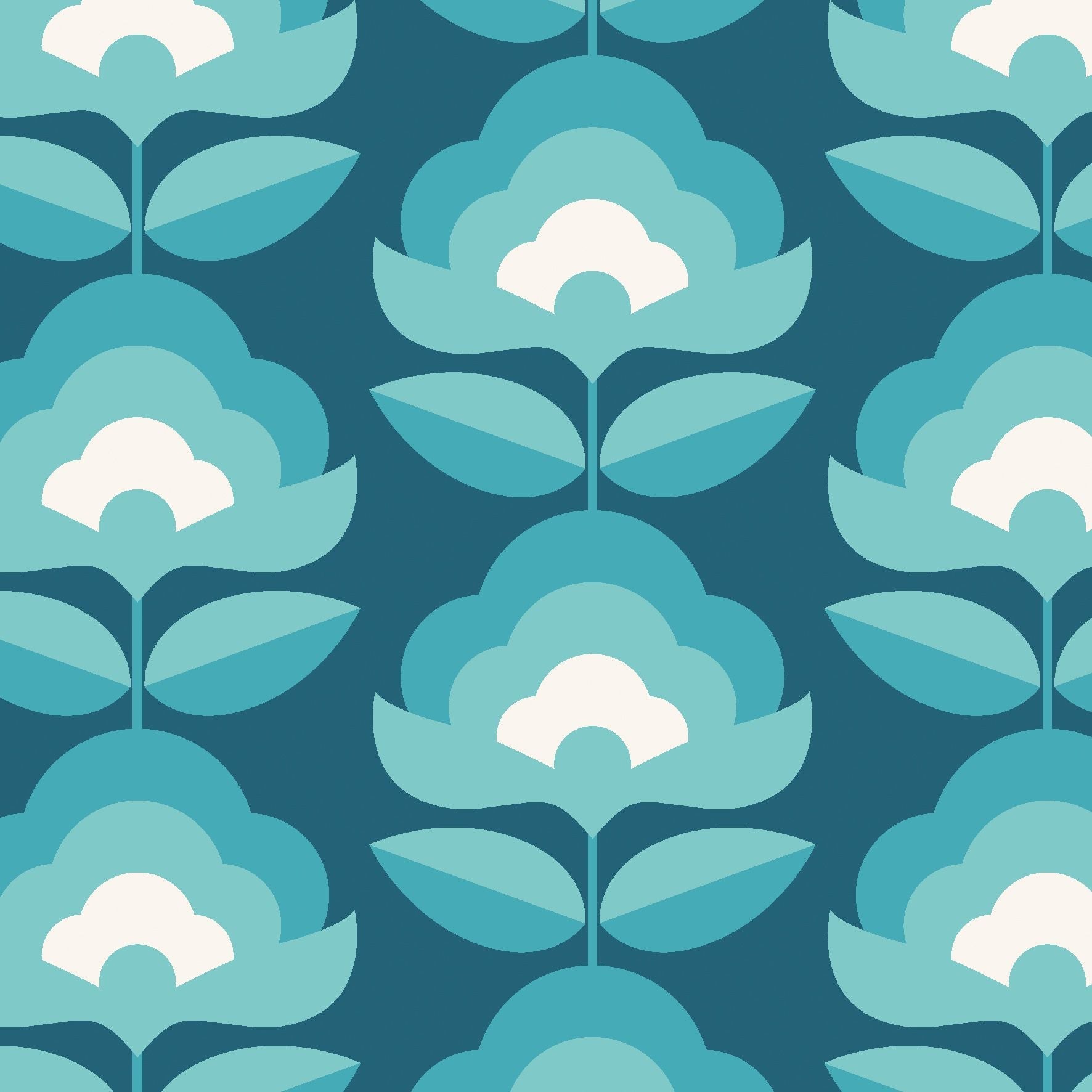 HWA1174W Retro Flower Teal Mix Wallpaper by Hoopla Walls
