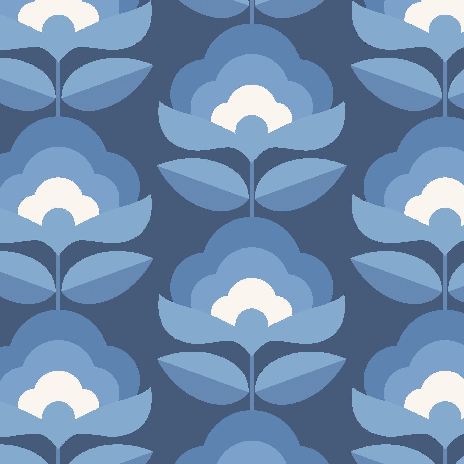 HWA1175W Retro Flower Indigo Mix Wallpaper by Hoopla Walls