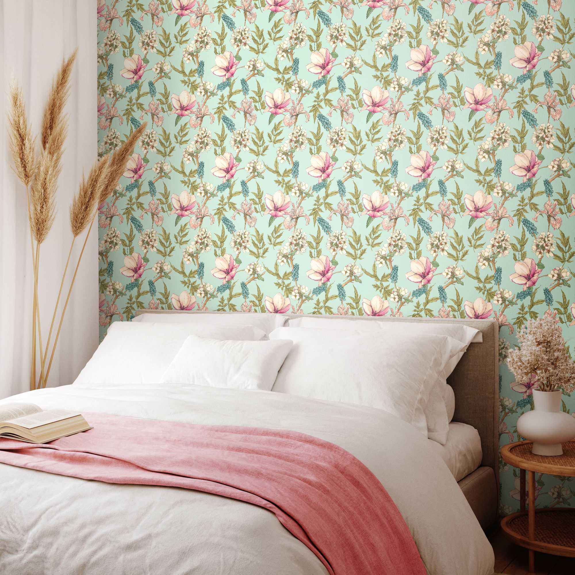 HWA1176W Orchid Bloom Duck Egg & Blush Wallpaper by Hoopla Walls