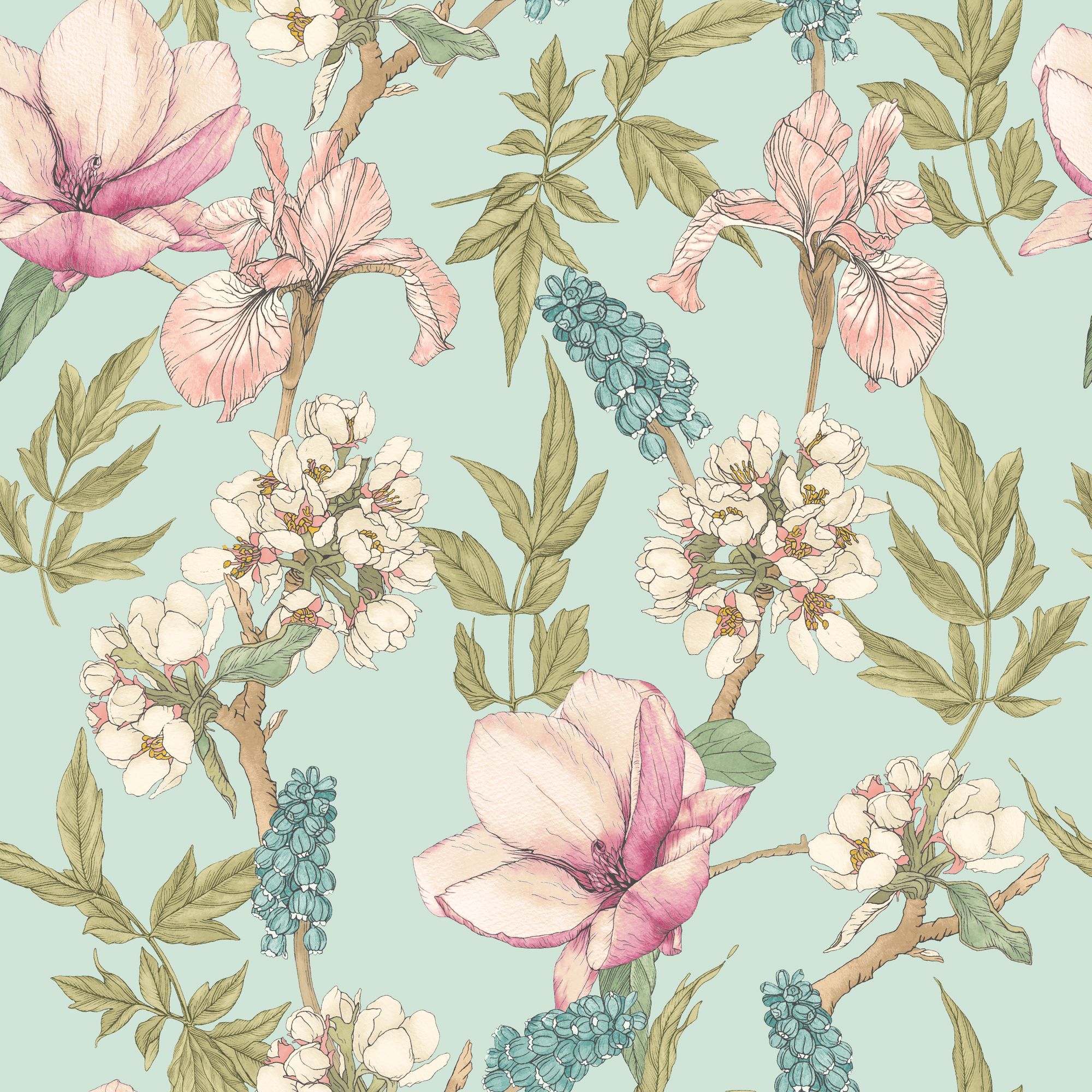 HWA1176W Orchid Bloom Duck Egg & Blush Wallpaper by Hoopla Walls