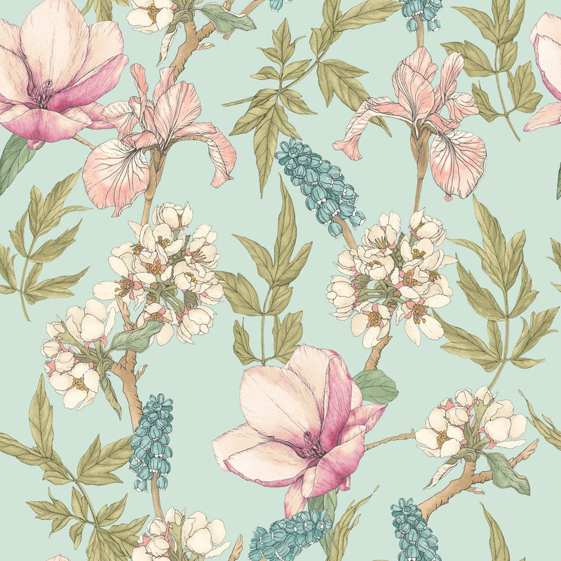 HWA1176W Orchid Bloom Duck Egg & Blush Wallpaper by Hoopla Walls