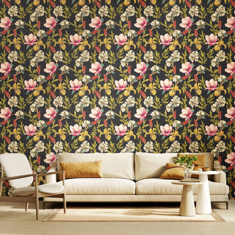 HWA1182W Orchid Bloom Ebony & Raspberry Wallpaper by Hoopla Walls