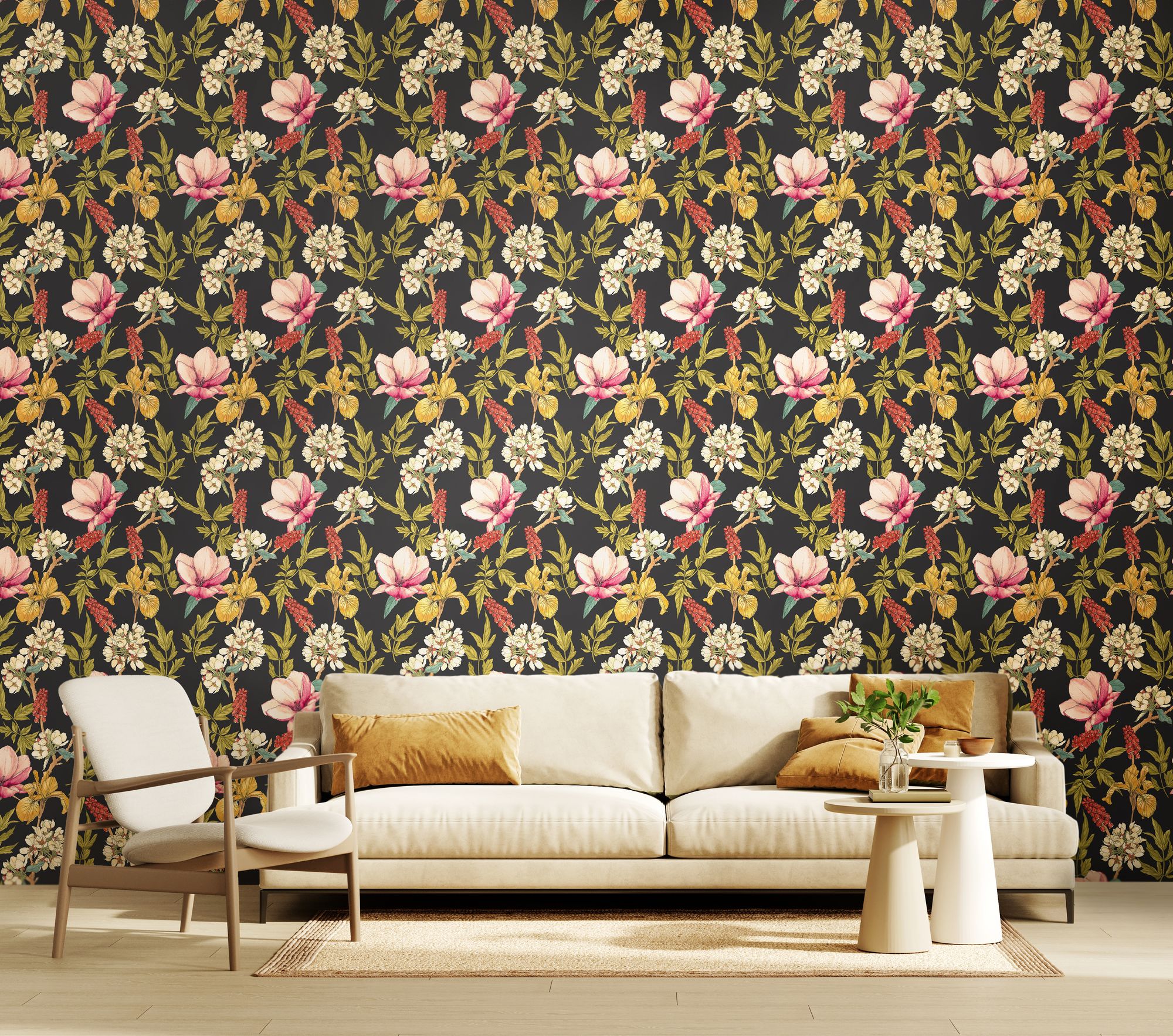 HWA1182W Orchid Bloom Ebony & Raspberry Wallpaper by Hoopla Walls