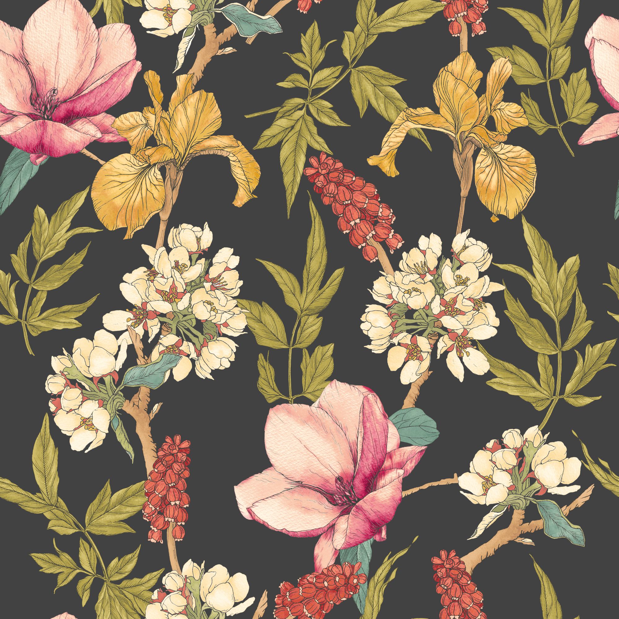 HWA1182W Orchid Bloom Ebony & Raspberry Wallpaper by Hoopla Walls